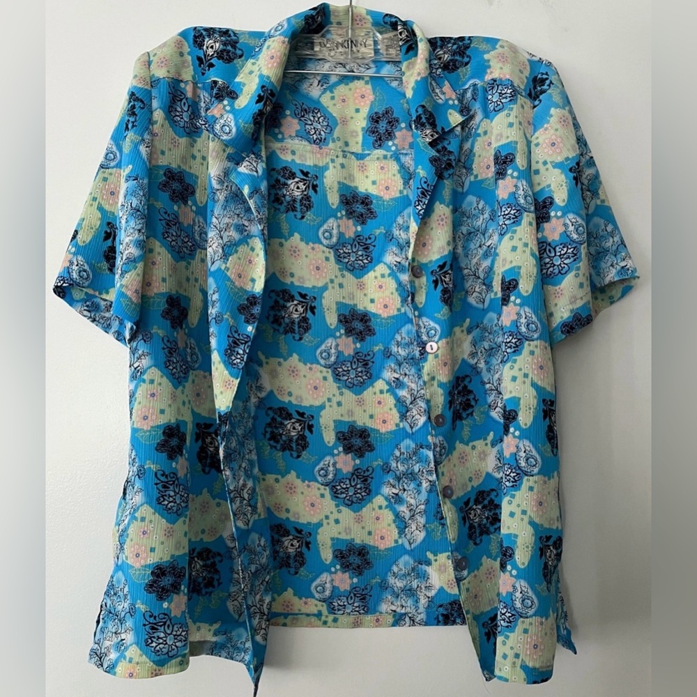 Vintage Donn Kenny Petite Blue Floral Shirt size Medium